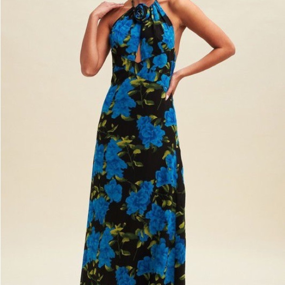 Luxxel Black Halter Maxi Dress with Blue Floral Print
